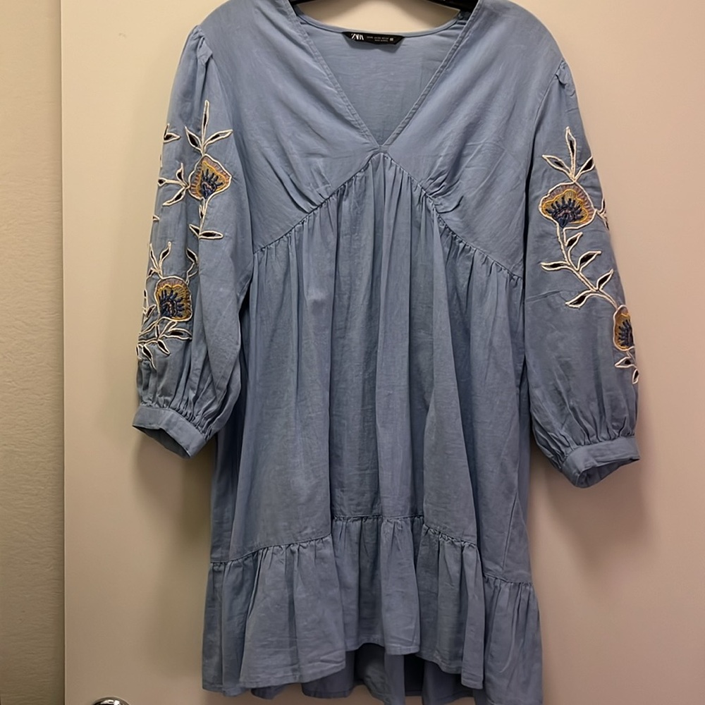 Zara Voluminous Embroidered LINEN Sleeves Sky Blue Mini Dress Size: XS